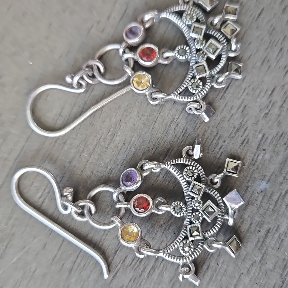 Elegant Sterling Silver Marcasite Chandelier Earrings with Mulitcolor Stones - Picture 2 of 5